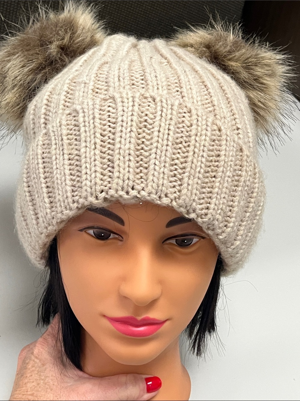 Source Unknown Cream Ribbed Beanie with Double Faux-Fur Poms